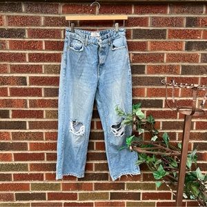 Free People Washed Light Denim Distressed 5 Button High Waisted Straight Jeans
